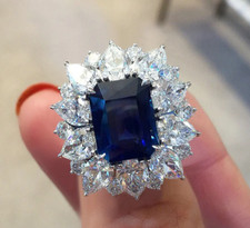 Cluster Royal Blue Emerald Cut 3.88CT Sapphire  Vivid Diamonds Royal Women Ring