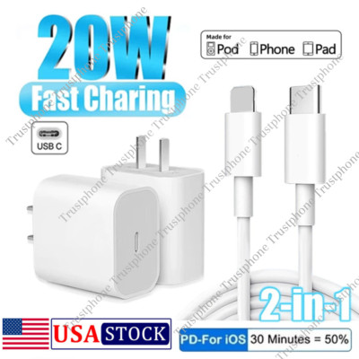 For iPhone 11 12 13 14Pro Max Fast Charger Cube USB C Cable 20W PD Power Adapter