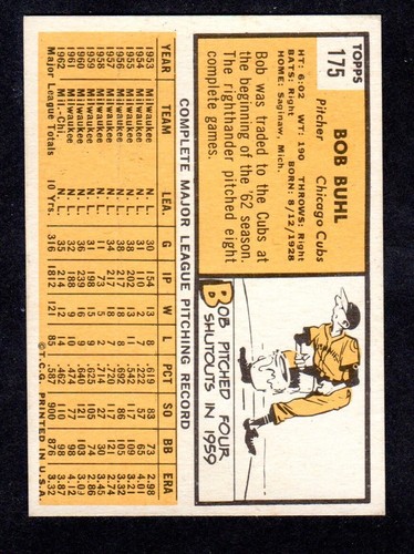 1963 TOPPS #175  Bob Buhl  CHICAGO CUBS  EX-MINT  A - Picture 2 of 2