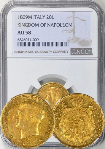 Italy 1809-M Kingdom of Napoleon 20 Lire NGC AU-58. Luster!