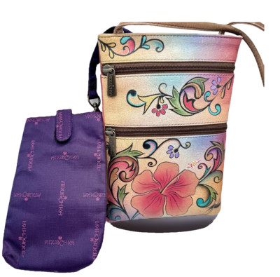 Anuschka Floral Hand Painted Leather Crossbody Bag Eye Glass Insert Purse Gift