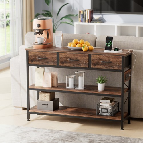 43.3" Console Table with Power Outlets 3 Drawers 2 Shelves Sofa Table Brown - Picture 7 of 8