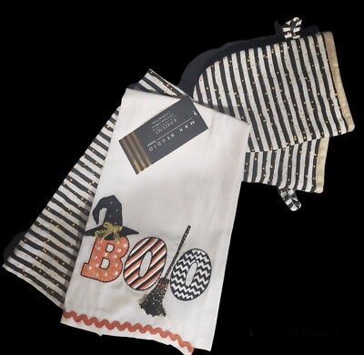 4pc Max Studio Halloween Black Orange White BOO WITCH 2 Towels 2 mitts New
