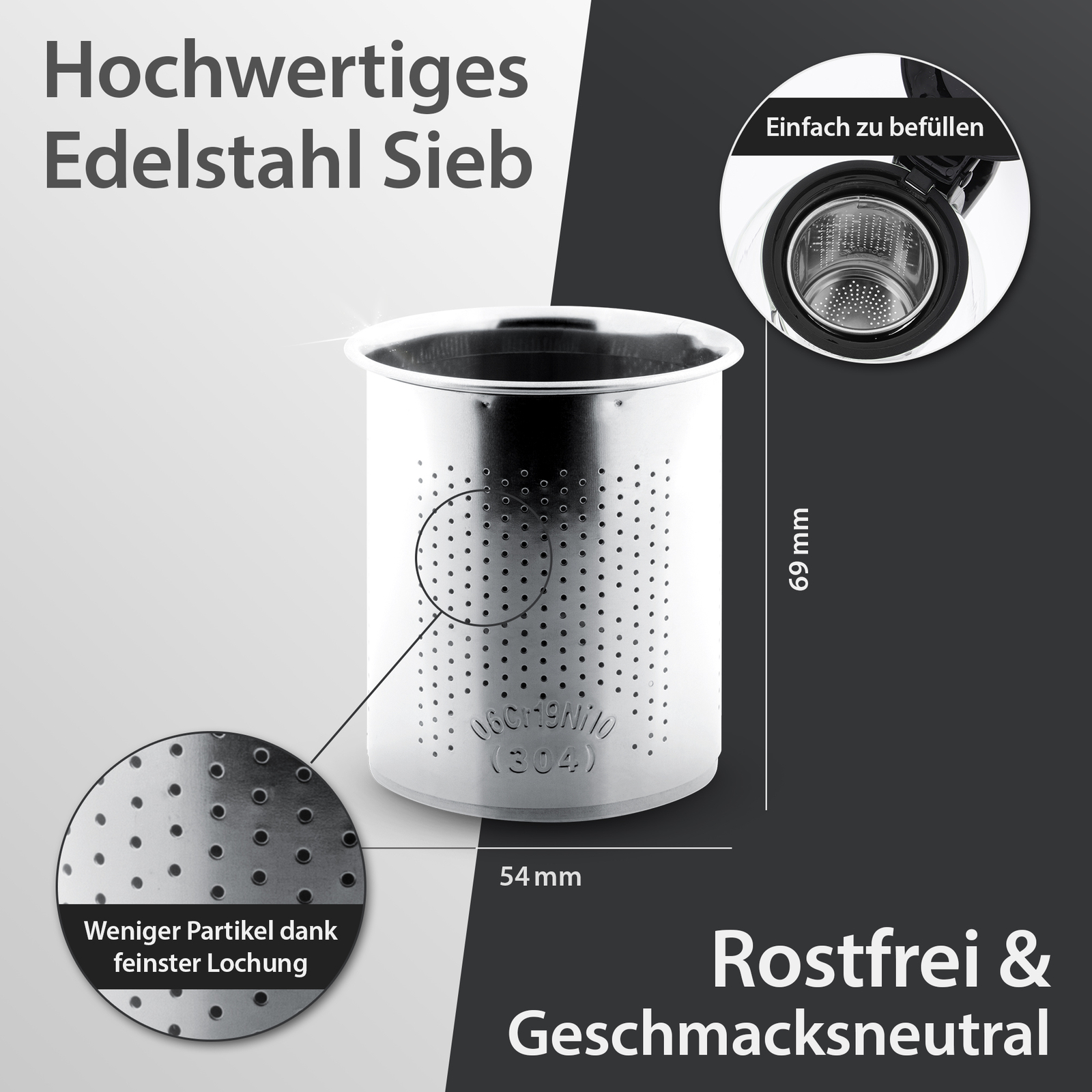 Michelino t24 700ml Glas Teekanne mit Edelstahlsieb - Schwarz  