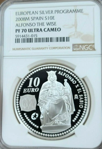 2008 SPAIN SILVER 10 EURO ALFONSO THE WISE NGC PF 70 ULTRA CAMEO PERFECT POP 1