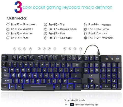 A RK100 3 Color LED Backlit Mechanical Feeling Gaming Keyboard Black USB Wired - Picture 5 of 7