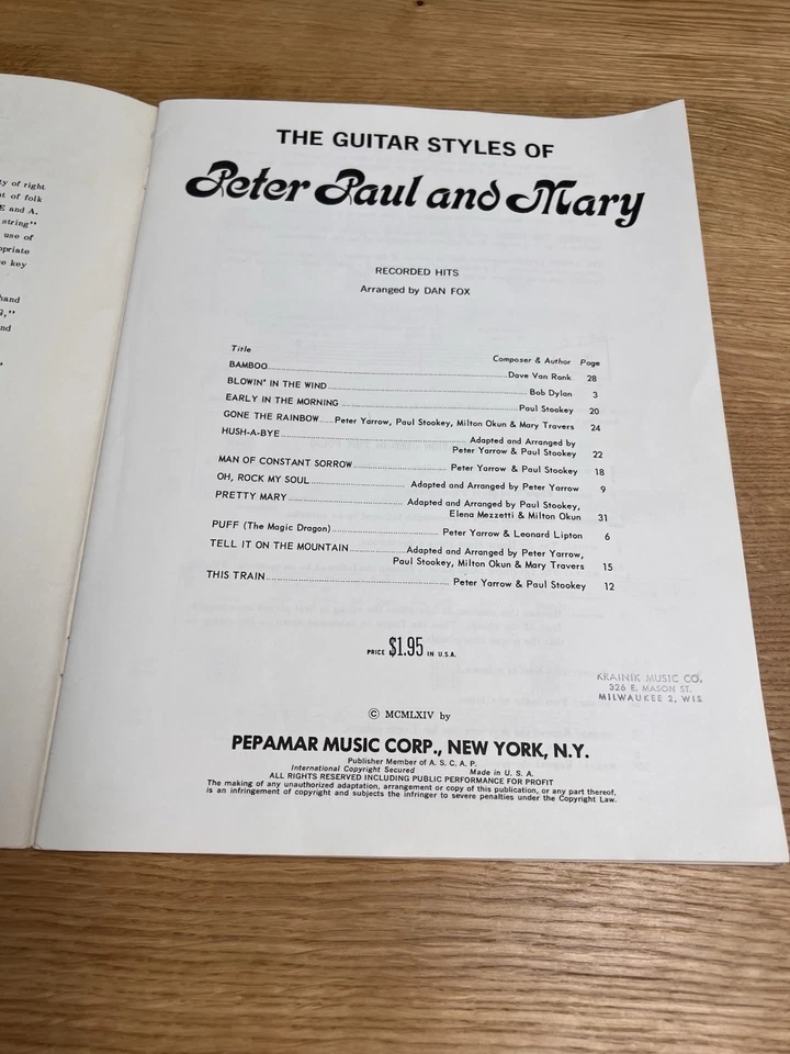 THE GUITAR STYLE OF PETER PAUL AND MARY 1964 Cancionero Partituras Vintage Folk Foto 4 de 4
