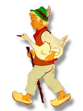 1960er Märchen-Holzbild German Wall Figure, Hans im Glück 20cm Vintage Siebdruck