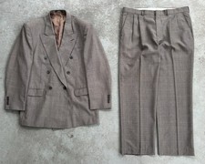 VTG Men  s Taupe Double Breast Glen Check Pleated 2pc Suit 42R 36x32 Talon USA