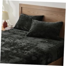 Velvet Fitted Sheet and Pillowcases Set, Luxury Soft Fuzzy Bottom Full Black