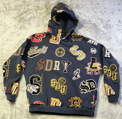 SuperDry Varsity Logo Hoodie Sweatshirt Navy Blue Women's Size 8