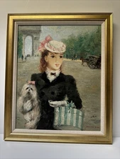 MID CENTURY PAINTING PORTRAIT PRETTY WOMAN WOMEN FEMALE MODEL LISTED FAMOUS Dog