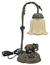 Elephant Table Lamp Bronze Tone Base Glass Flower Shade Safari Decor Animal