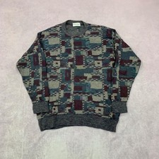 Vintage Knitted Jumper abstract patterned grandad knit sweater Men's XL