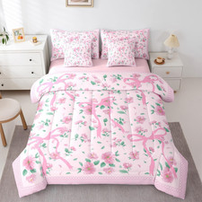 Coquette Pink Bow 7 Piece Comforter Set Twin Girly Bowknot Floral Bedding Sets f