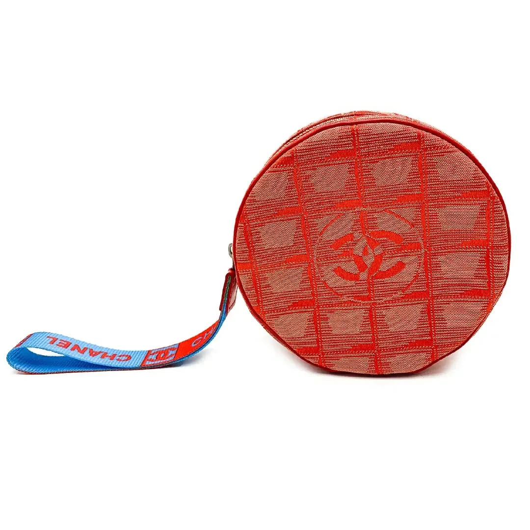 CHANEL Travel Line Round Wristlet Pouch Nylon Red with Strap and Box Authentic