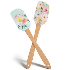 2Pcs Floral Silicone Spatula Set with Wooden Handle, Heat Resistant Rubber Sc...