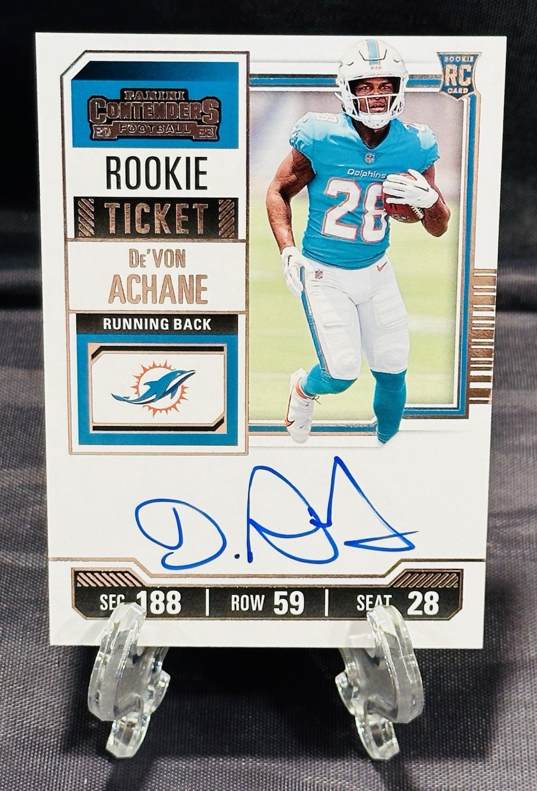 2023 Panini Contenders DE’VON ACHANE Rookie Ticket On Card Auto