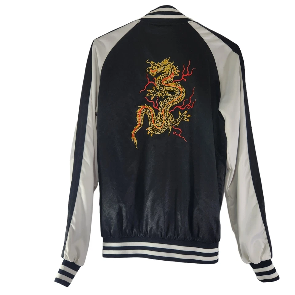 Zara Man Varsity Jacket Size Small Black White Satin Embroidered Dragon Graphic - Image 2 of 4