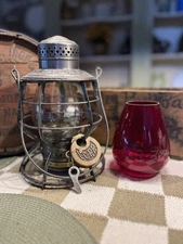 Antique ICRR Railroad Railway Lantern Set. Red Embossed Globe. ICRR Pancake Lock