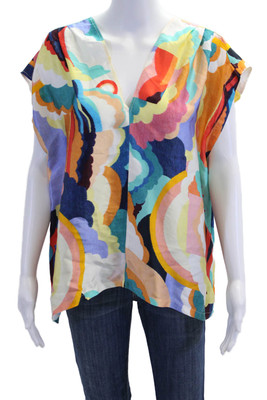 Forte Forte Womens Silk V Neck Abstract Print Sleeveless Blouse Multi Size 2