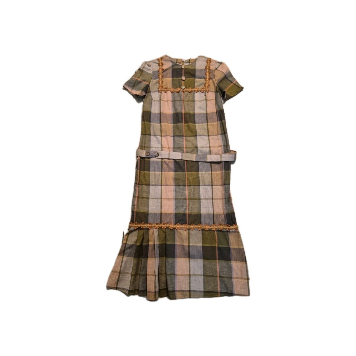 VTG Hand Made Brown Plaid Dress Maxi Dress XS/S Pleated Bottom Belted 70's