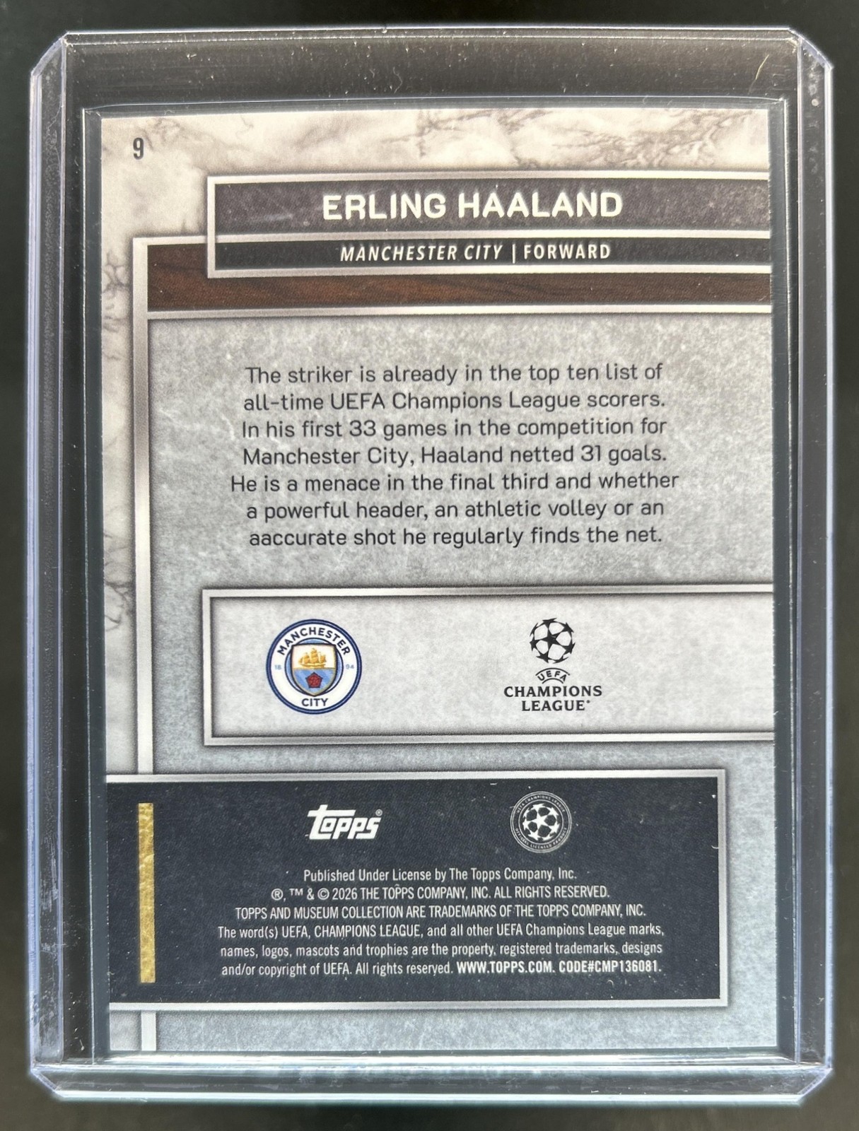 2025-26 Topps Museum Collection UEFA Erling Haaland Amethyst #/99 Man City view 2