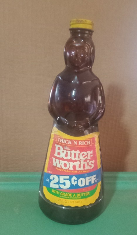 Vintage 24oz Mrs. Butterworth's Glass Syrup Bottle Coupon Label & Metal Cap