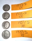 High Grade- 4 Roosevelt Dimes:   2x 1958, 2x1959 all Ds. lot # 125