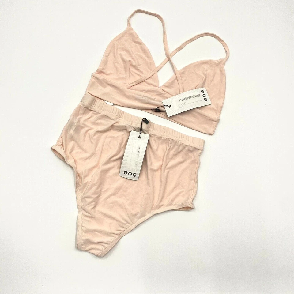 Boohoo Mujer Talla 4 Cintura Alta Panty Lencería Conjunto Desnudo Melocotón Foto 3 de 4
