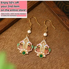 Jade Enamel Pearl Crystal Dangle Earrings Boho Flower Gemstone 18K Gold Plated