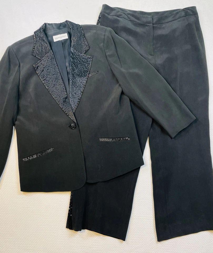 Impresionante traje pantalón esmoquin secuenciado 100 % seda negro Bloomingdales vintage 2 piezas Foto 2 de 4