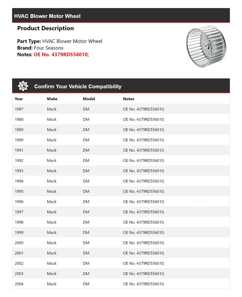 Para 1987-2004 Mack DM HVAC Soplador Motor Rueda 4 Temporadas 1988 1989 1990 1991 1992 Foto 2 de 4