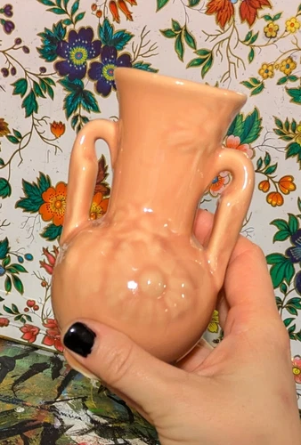 Vintage Shawnee Miniature Pink Art Pottery Chain of Flowers Vase Urn 2 Handles