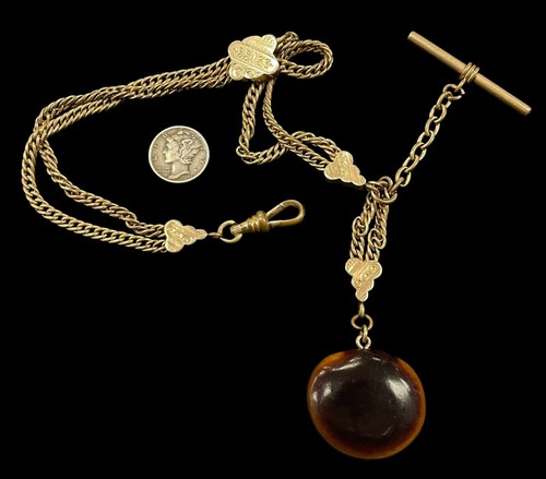 Antique Victorian 12K Yellow Gold Filled Watch Chain Kukui Nut Fob Necklace 13" - Picture 10 of 18