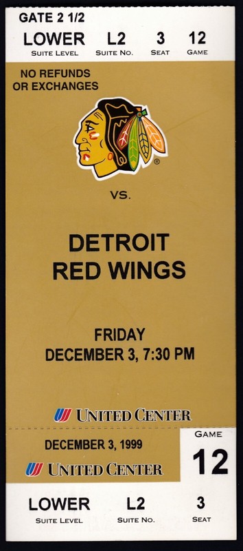Dec. 3, 1999 Chicago Blackhawks vs. Detroit Red Wings Full Ticket Stub