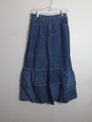 Studio West Women s S Denim Flared Maxi Patchwork Skirt Boho Cottage Core NWT