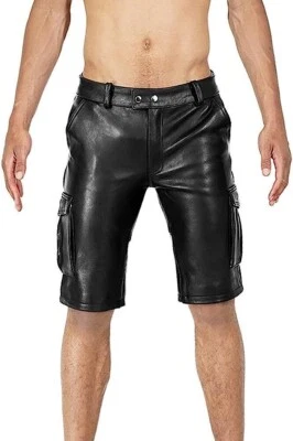 HOMME Véritable Cuir Cargo Short Poches - Photo 1/4