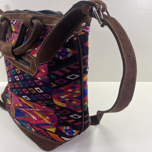 Handmade Huipil Overnight Tote Bag Suede Leather Aztec Boho Crossbody Adjustable - Picture 12 of 12