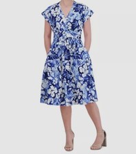 Jessica Howard Womens Blue Floral-Print Fit  Flare Dress Size 12