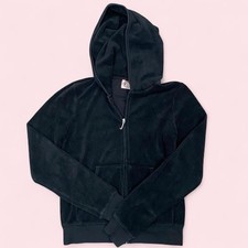Juicy Couture Black Velour Full Zip Hoodie M Logo Long Sleeve