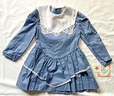 Vintage Peaches n Cream Girls Sz 4 Polka Dot Blue Dress White Lace USA Made NEW