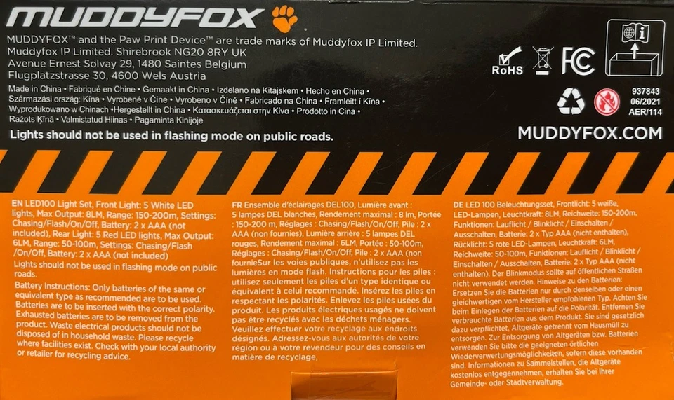 Juego de luces LED para bicicleta Muddy Fox brillantes delanteras traseras plateadas alimentadas por batería nuevo Foto 2 de 4