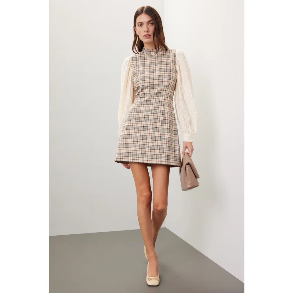 Sea New York Beatriz Plaid Mini Dress Cream Mock Neck Long Sleeve Sz 6 - Image 2 of 4