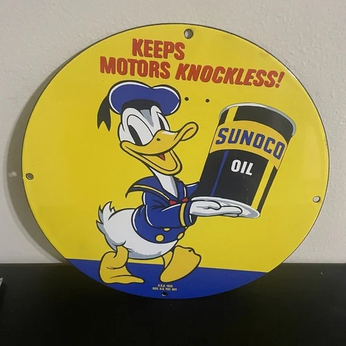 VINTAGE SUNOCO DUCK GASOLINE OIL PORCELAIN SIGN