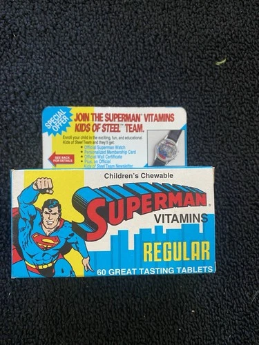 Vintage SUPERMAN VITAMINS KIDS OF STEEL Chewable Vitamins, DC Comic Card Inside