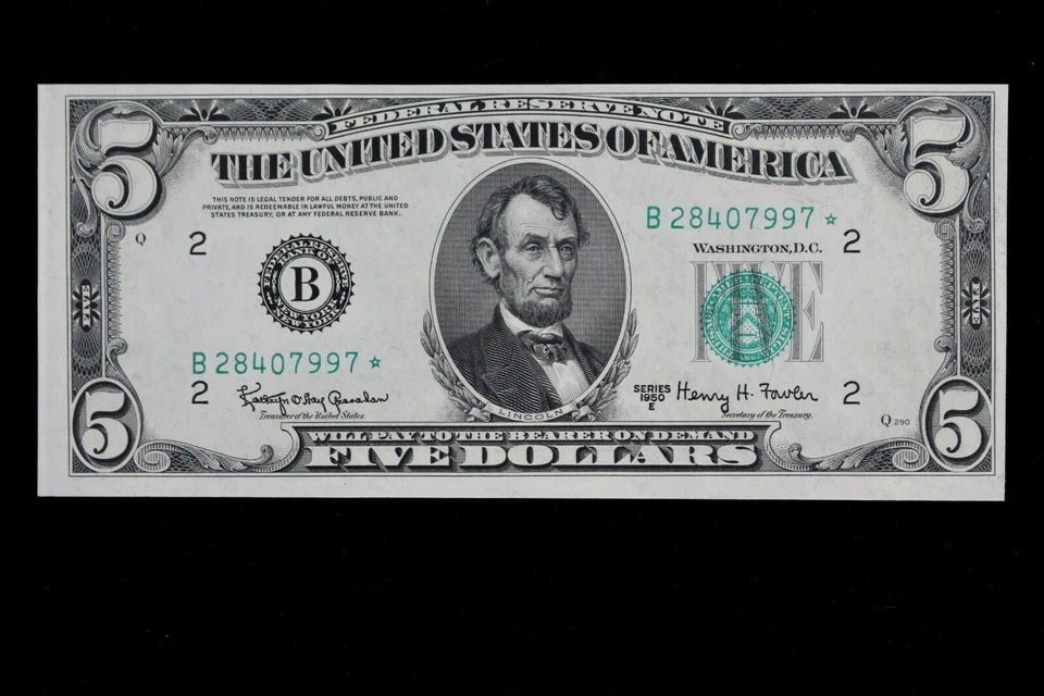 $5 1950E CU Star Federal Reserve Note B28407997* series E, five dollar, New York - Image 2 of 4