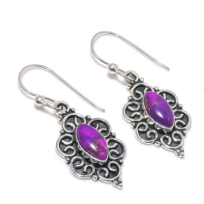 Purple Copper Turquoise Gemstones Handmade 925 Sterling Silver Earring Jewelry - Image 1 of 4