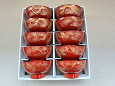 Traditional Red Lacquer Pine Makie Bowls 10 Set Box Authentic Rare Gift