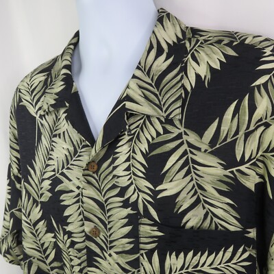 Tommy Bahama Hawaiian Aloha Shirt Mens XL Textured Silk Black Green Short Sleeve
